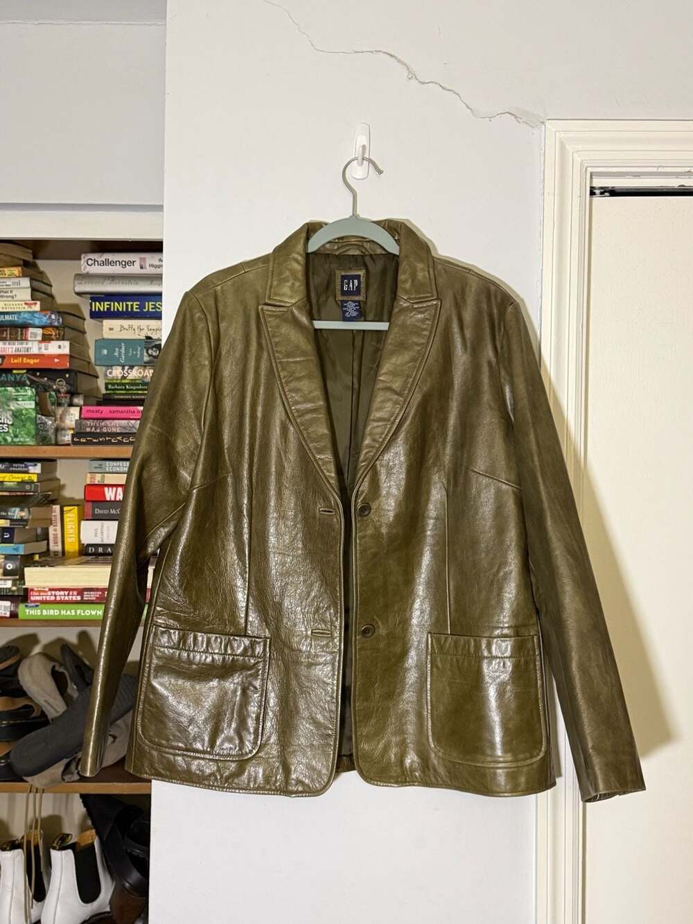 Gap Leather Blazer Size XL Olive Green Two Button Pocket Jacket